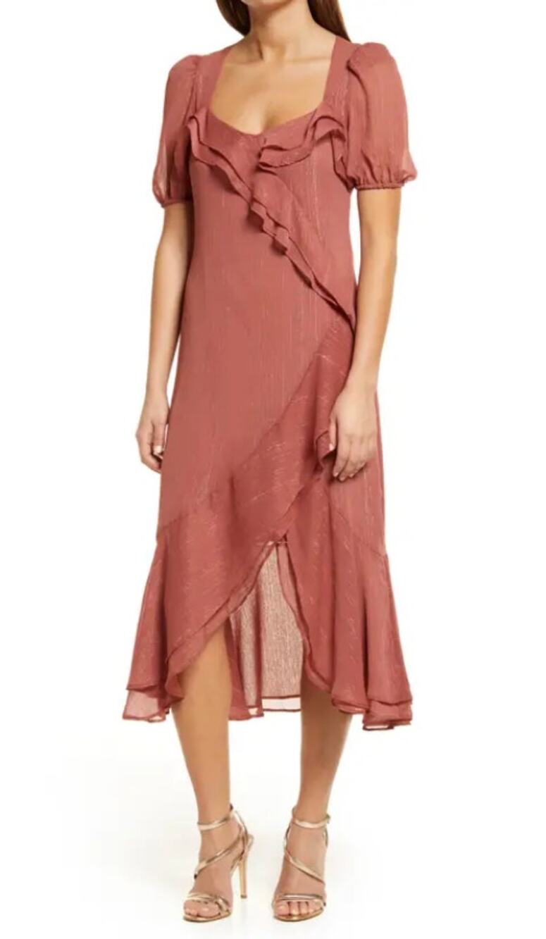 Charles Henry Tiered Ruffle Midi Dress Mauve Pink Size XS Metallic Open Back